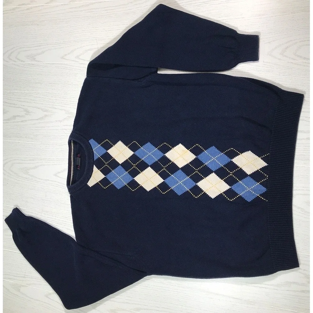 Vintage 90s Jantzen Sweater Men XL Blue Argyle Crewneck 100% Cotton Preppy Golf